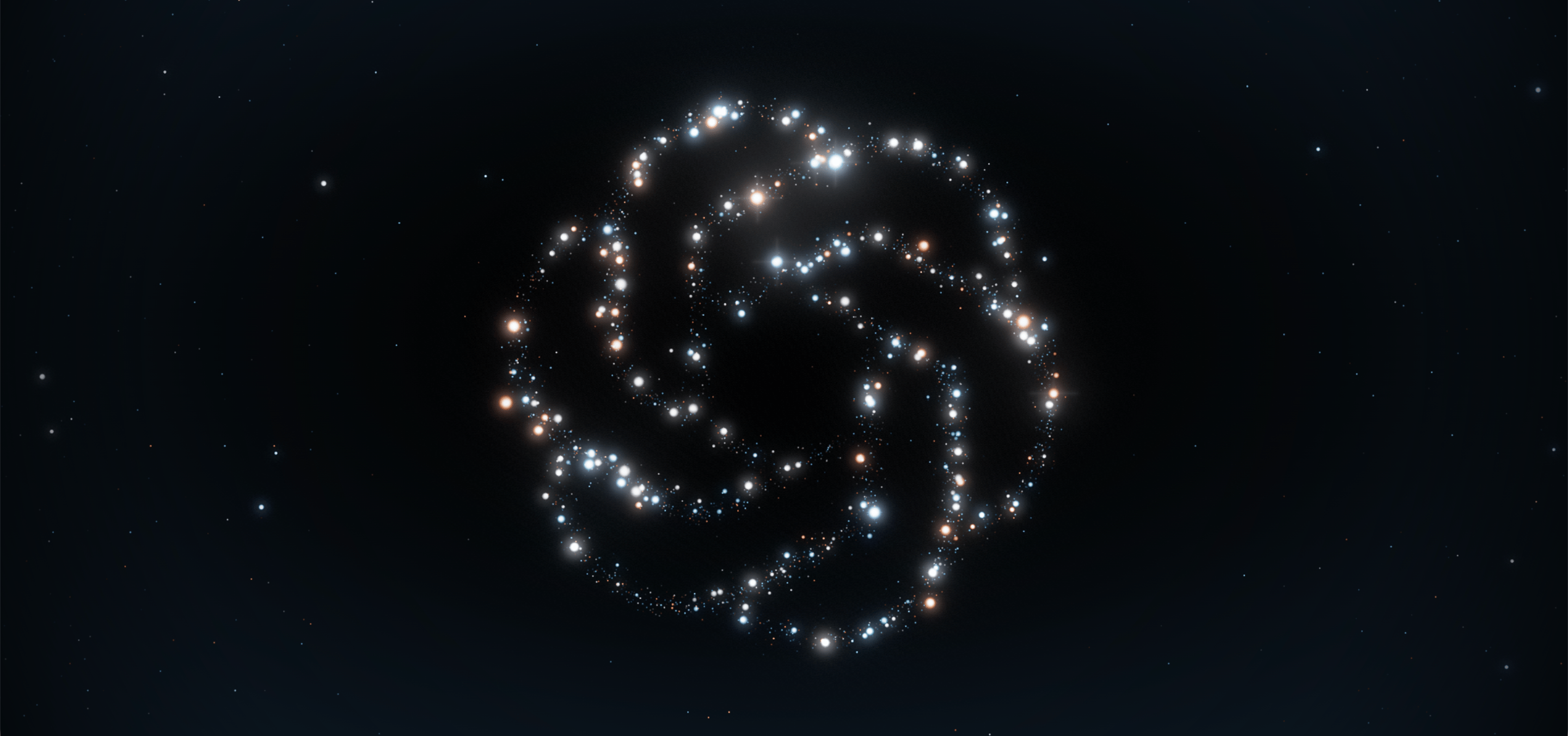 Het OpenAI-symbool opgebouwd uit lichtpunten tegen een donkere achtergrond
